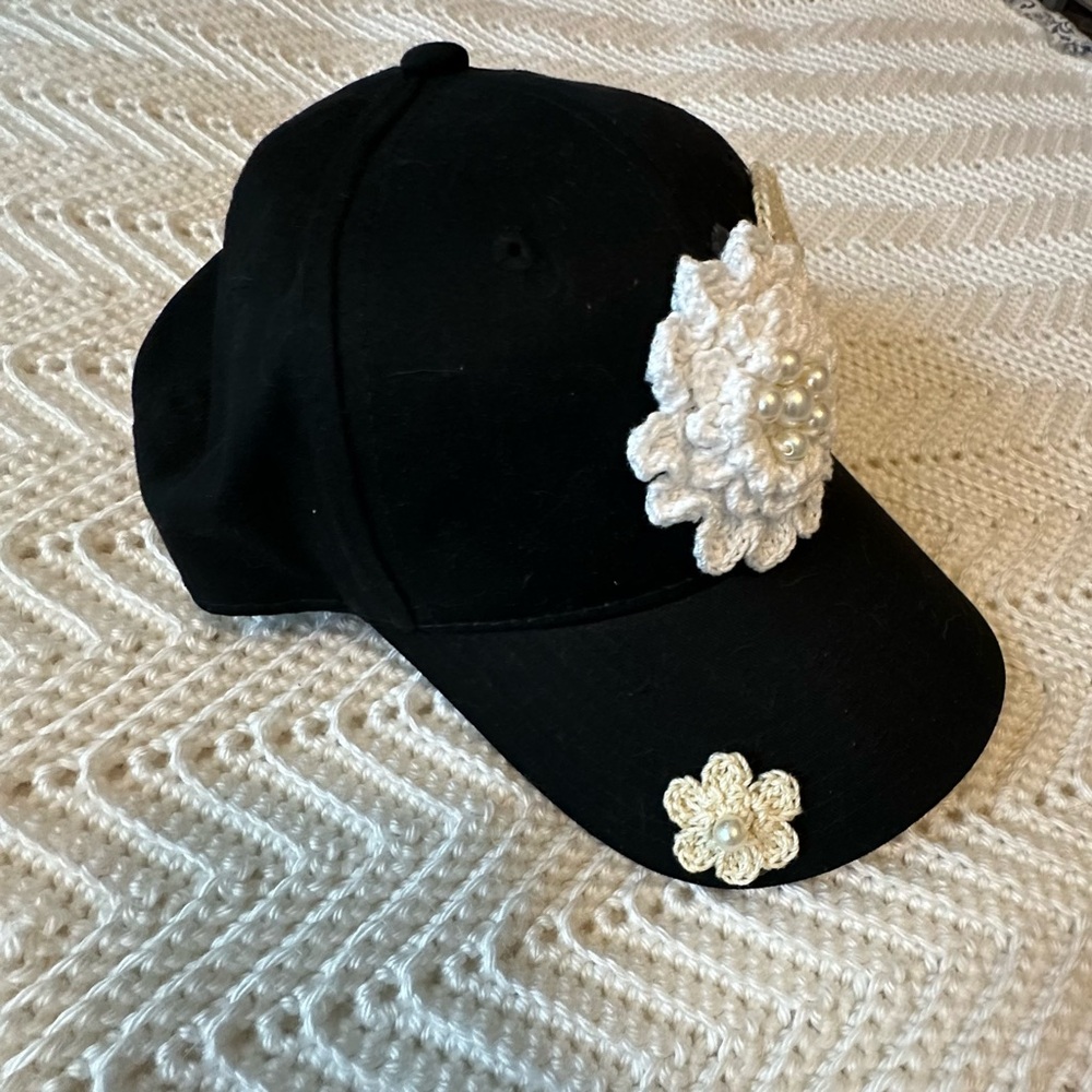 Upcyclef Black Cap with White Crochet Flower and Pearl Accents - Picture 2 of 4